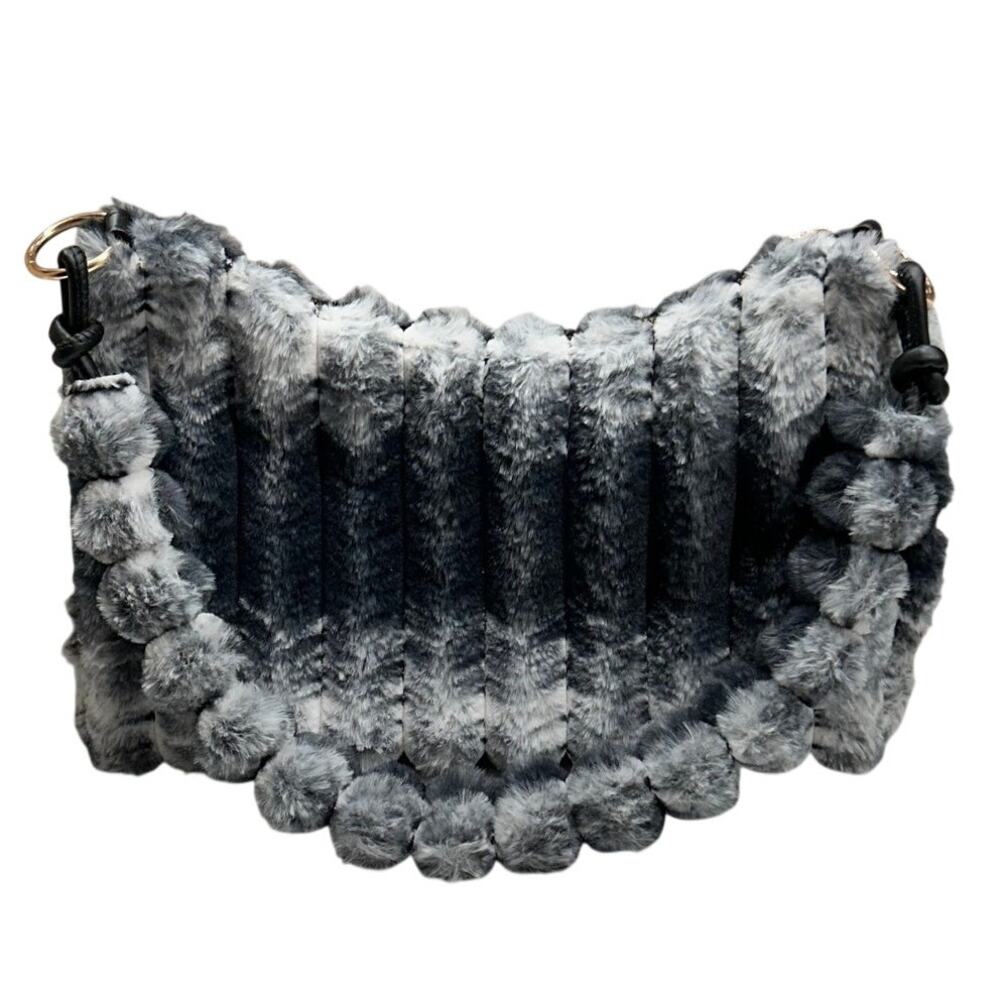 Y2K Blue-Gray Faux Fur Shoulder Bag Plush Ribbed Textured Soft Purse Unbranded - Picture 3 of 12
